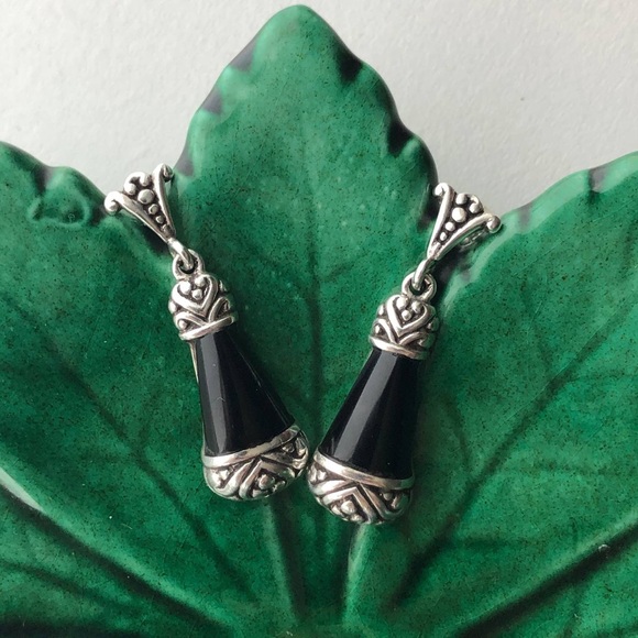 Sterling Black Onyx Silver Dangle Earrings - Picture 2 of 5